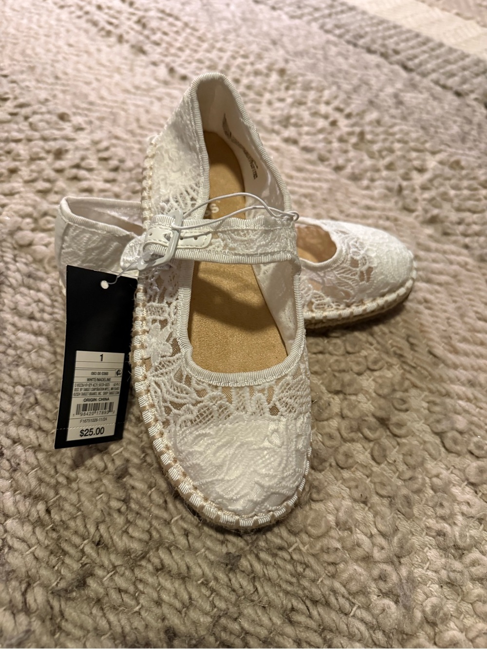 art class creamy White Lace Mary Jane Espadrille Flats for Kids 1Y straw trim nw